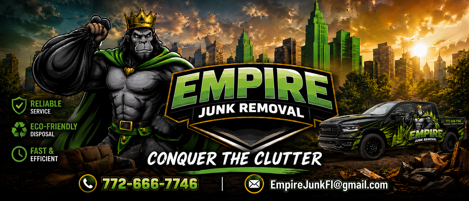 Empire Junk Removal cover page with reliable service, eco-friendly disposal, fast and efficient removal, contact information, and a branded pickup truck.